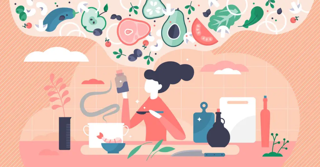 woman in kitchen holding cooking oils, thinking about ingredients