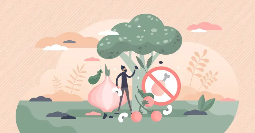 Drawing of a person considering a broccoli tree surrounded by protein vegan foods.
