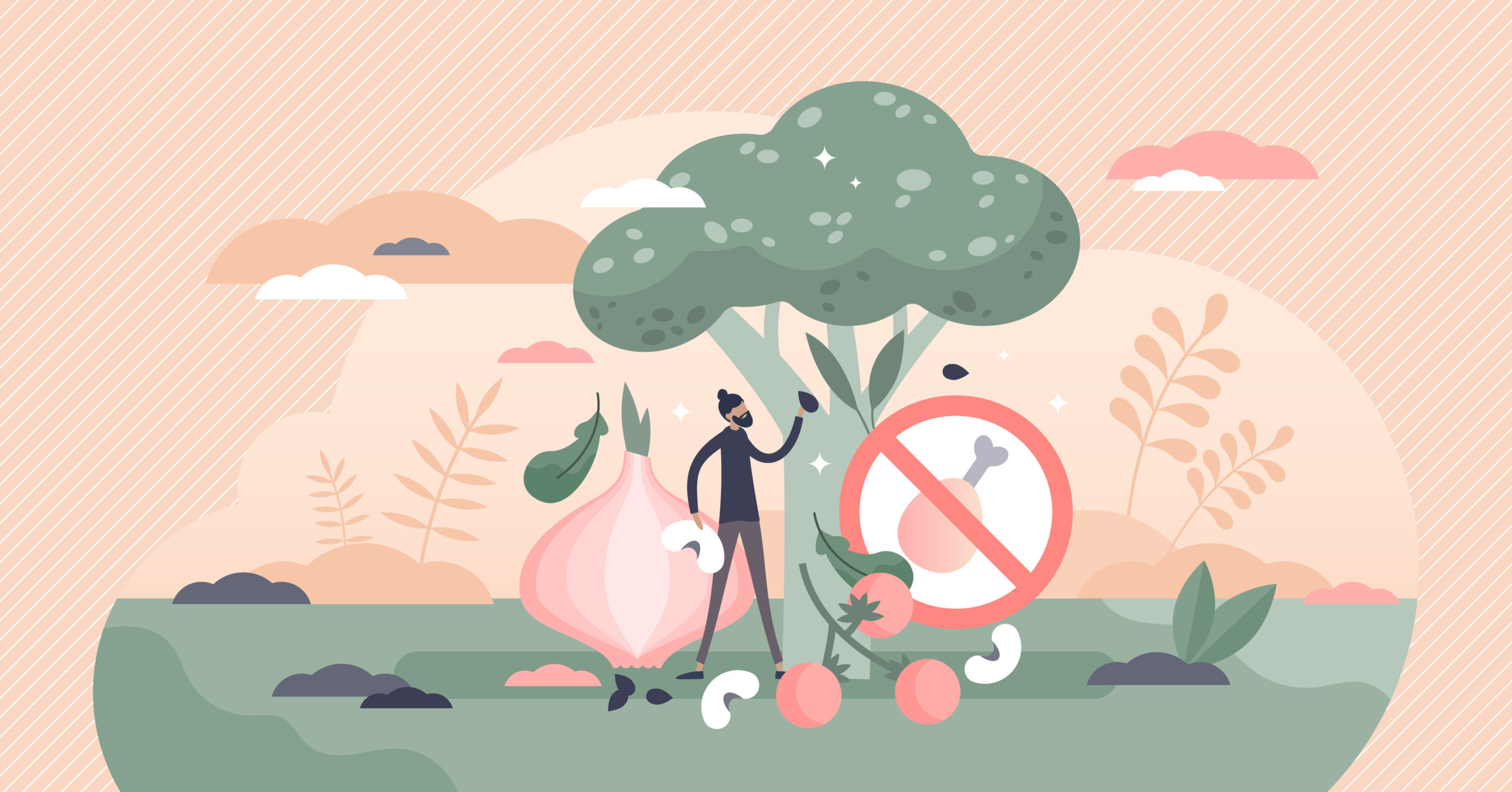 Vegan vegetable diet lifestyle with meat food exclusion tiny person concept. No animal products sign with nearby broccoli as healthy nutrition symbol vector illustration. Natural and raw menu catering
