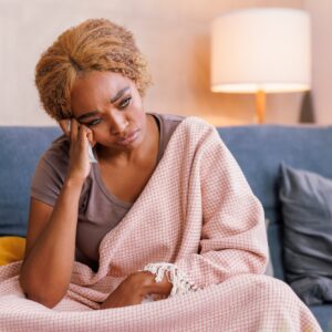 Woman having premenstrual syndrome hormonal imbalans anxiety and depression