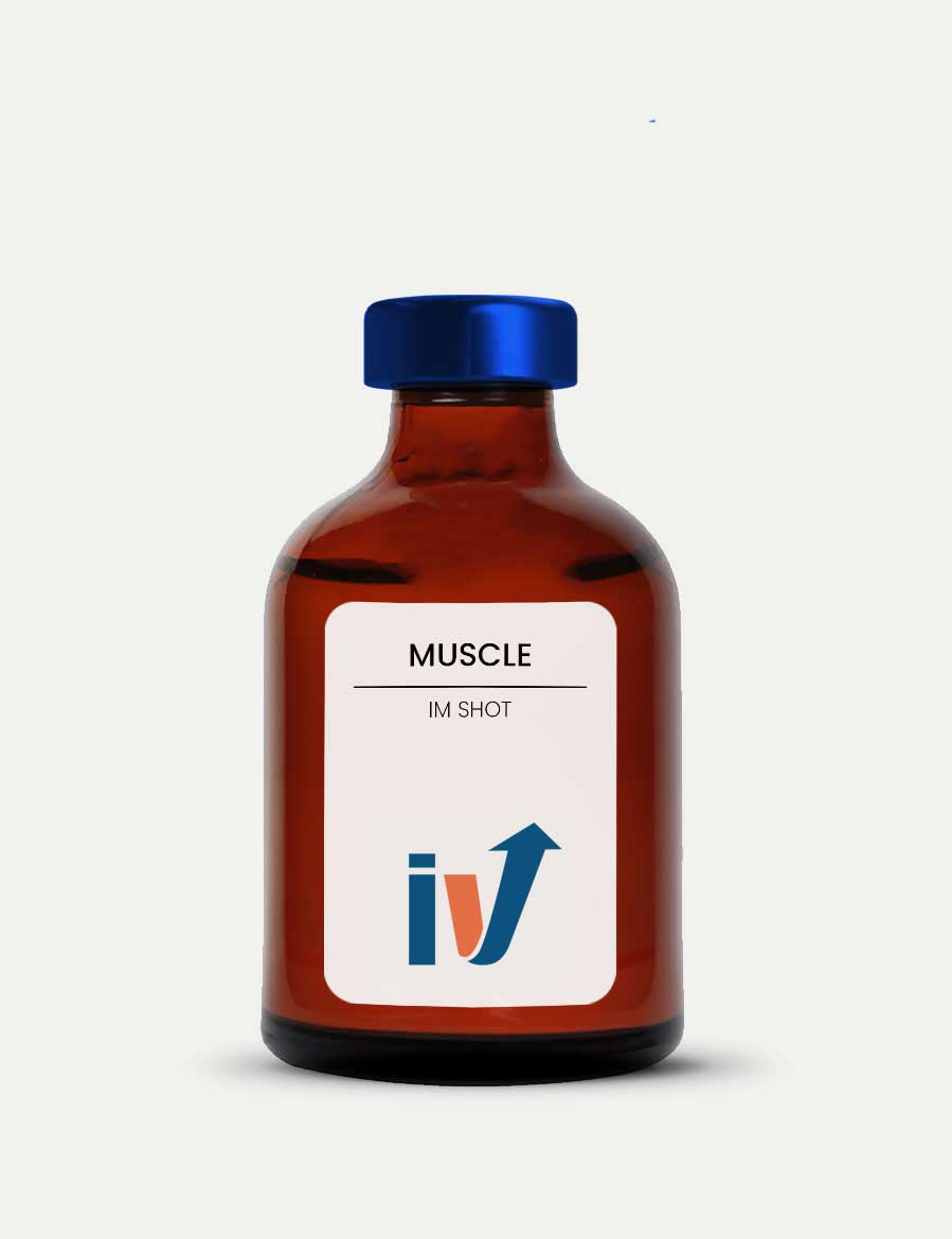 Muscle Shot vial with liquid and The IV Lounge logo, ready for injection to aid muscle recovery.